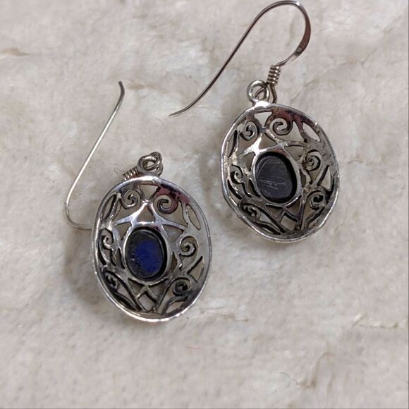 Vintage Sterling Silver & Lapis Lazuli Filigree Pierced Earrings - Picture 8 of 8